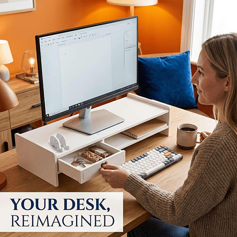 Desk Setup Home Office - 미니멀리스트 화이트 PVC 모니터 스탠드 라이저(수납